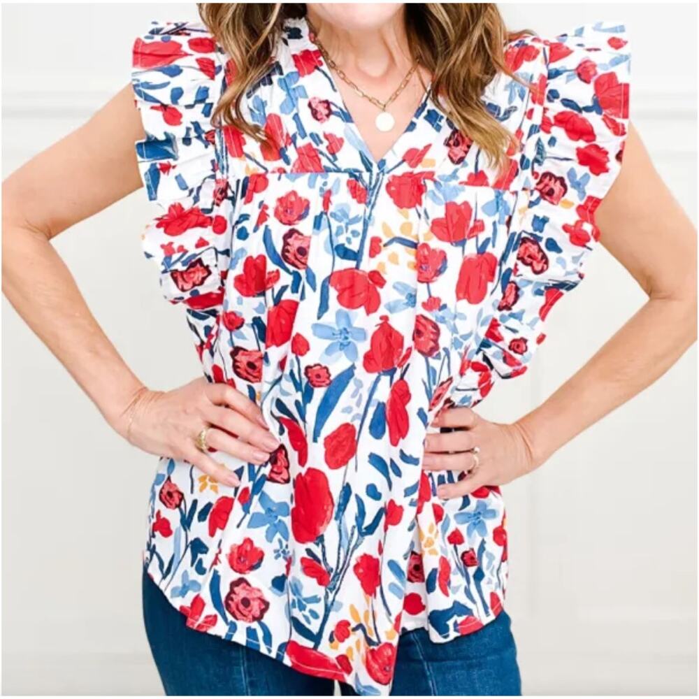 Entro Red Flowers Pintuck Detail V-Neck Ruffled Sleeve Top, Large